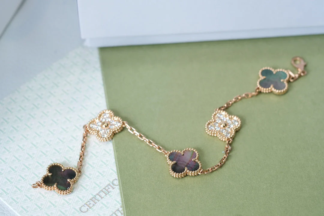 Vintage 4-leaf clover bracelet, grey, rose gold with diamonds, 5 motifs