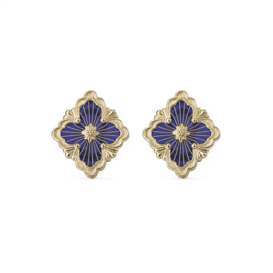 Opera tulle yellow gold button blue earrings, medium motif