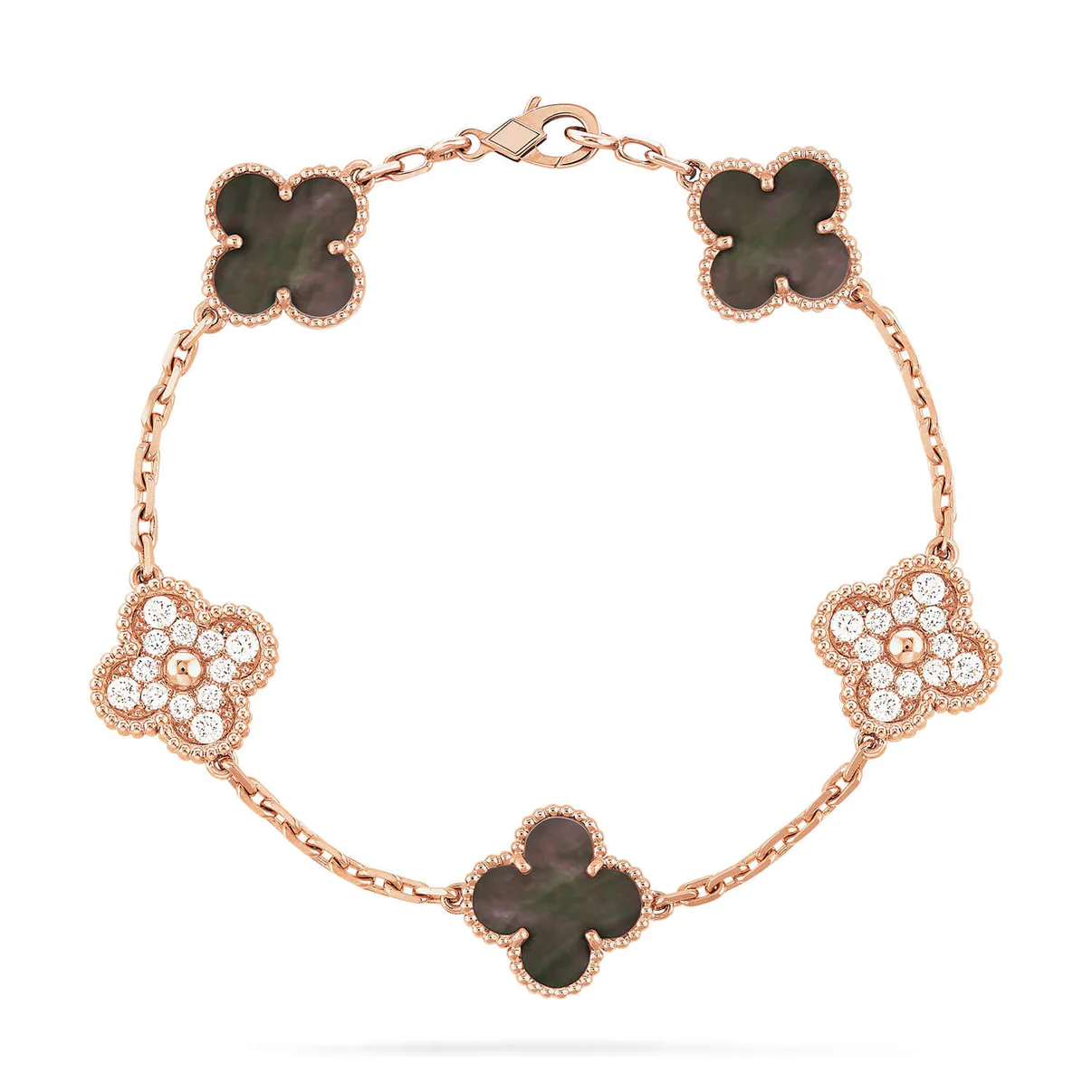 Vintage 4-leaf clover bracelet, grey, rose gold with diamonds, 5 motifs