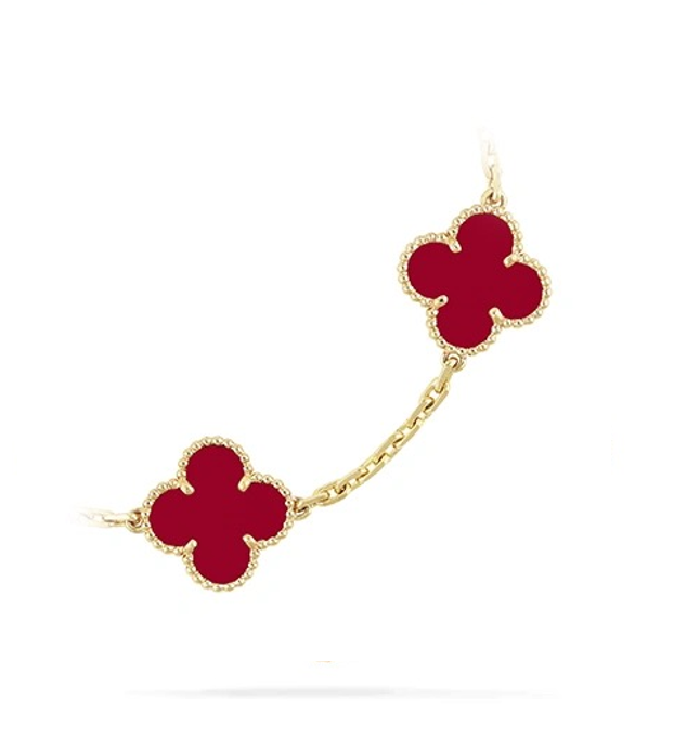 Vintage 4-leaf clover bracelet, red and rose gold, 5 motifs