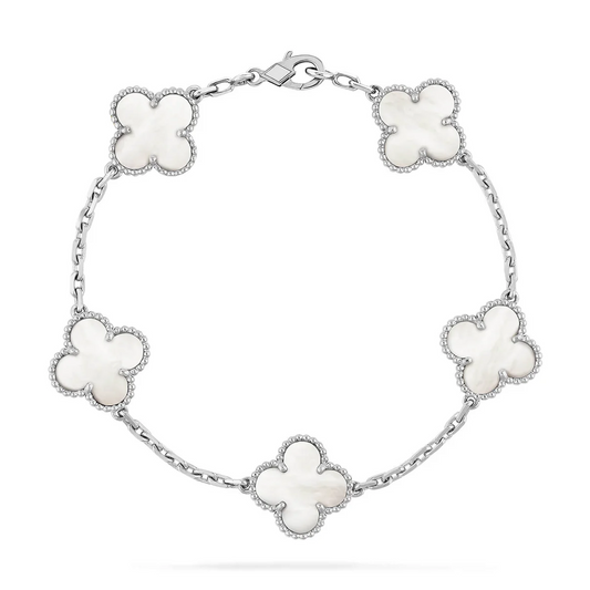 Vintage 4-leaf clover bracelet, mother of pearl and white gold, 5 motifs