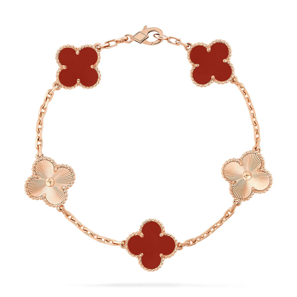 Vintage 4-leaf clover bracelet, red and rose gold, 5 motifs