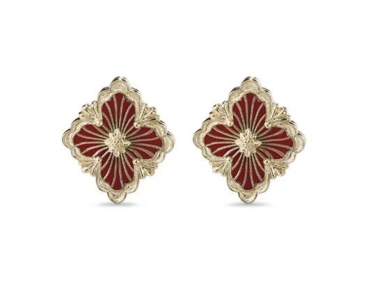 Opera tulle yellow gold button red earrings, medium motif