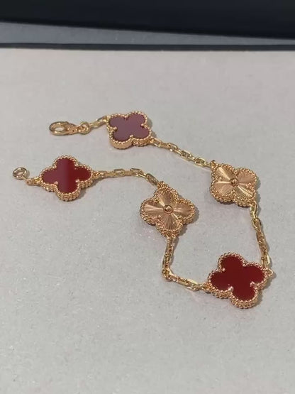 Vintage 4-leaf clover bracelet, red and rose gold, 5 motifs