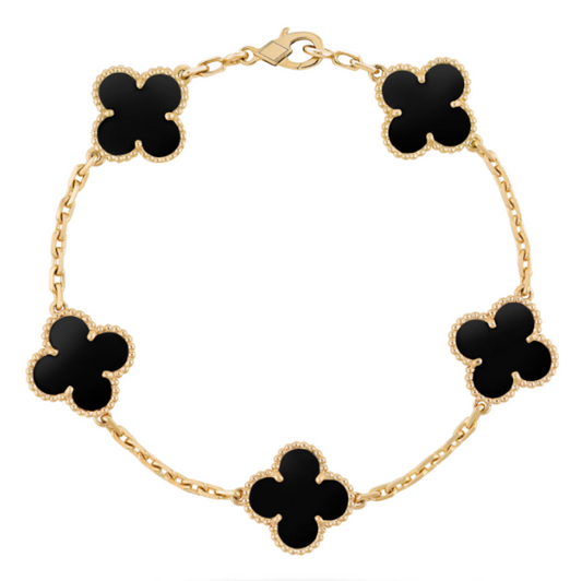 Vintage 4-leaf clover bracelet, black and gold, 5 motifs