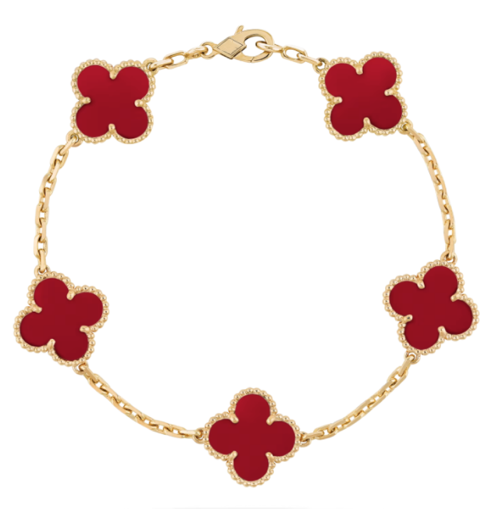 Vintage 4-leaf clover bracelet, red and rose gold, 5 motifs